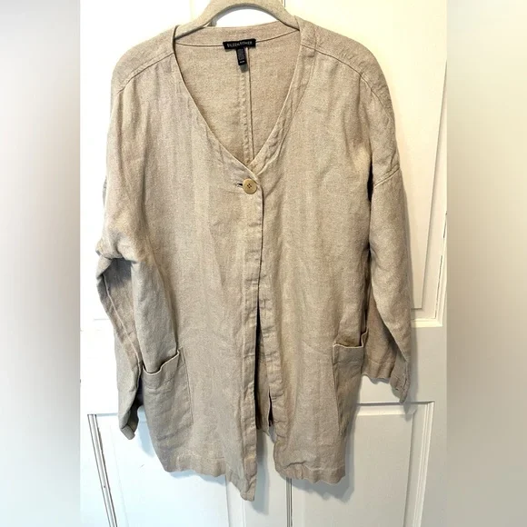 Eileen Fisher tan linen long cardigan kimono blouse top women’s size m medium - Picture 1 of 5
